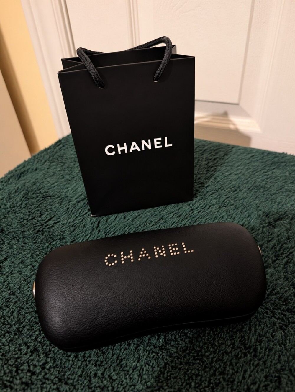 CHANEL Black Eyeglassed Sunglasses Case Crystal Logo Made in Italy